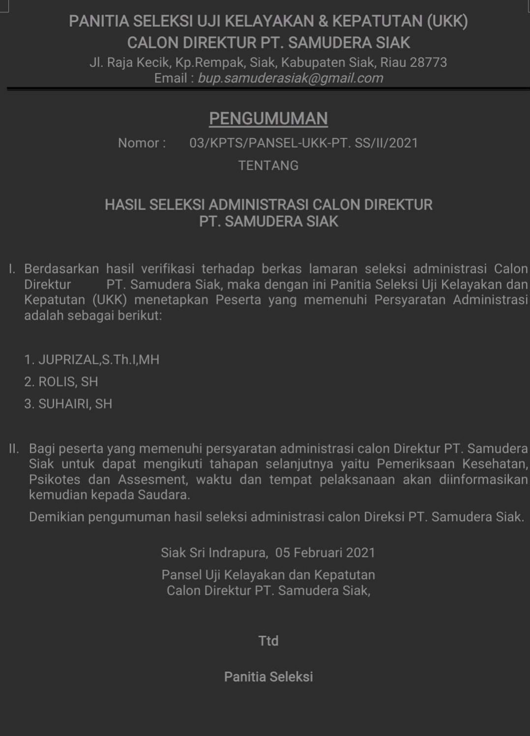 Muncul 3 Nama Calon Direktur Siak Samudera